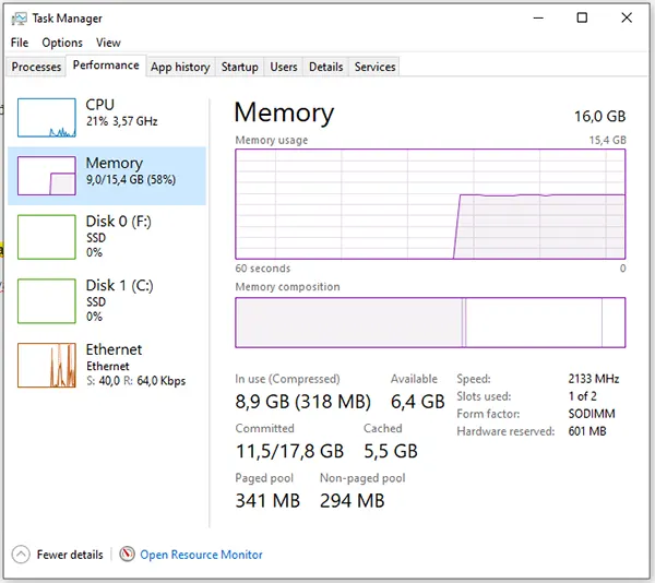 Kiểm tra dung lượng bộ nhớ RAM trong Task manager